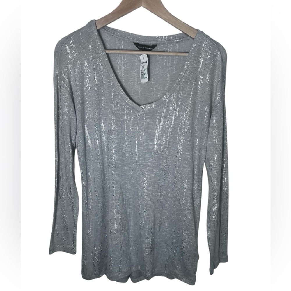 Rock & Republic Metallic Shirt Womens L Light Blue Silver Semi Sheer Stretch